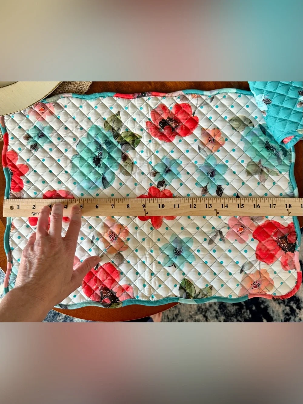 Reversible Quilted Floral Table Runner 4 Placemats Set Teal Cottagecore